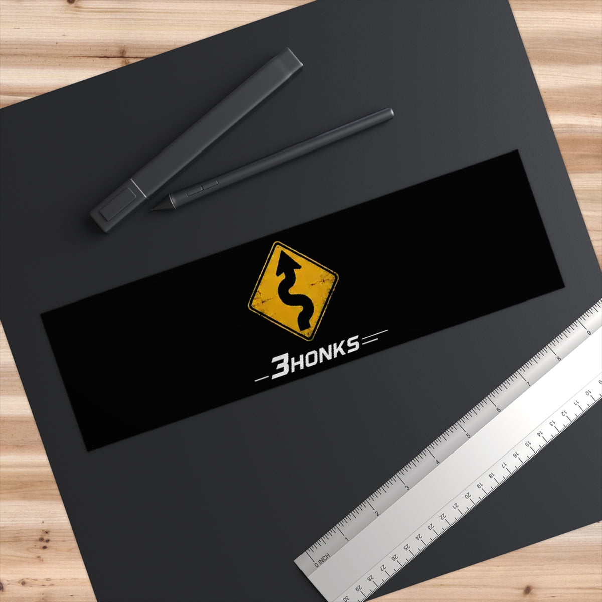 3Honks Twisty Roads Ahead outdoor decal with a yellow winding-road sign and white trackline logo on a dark background