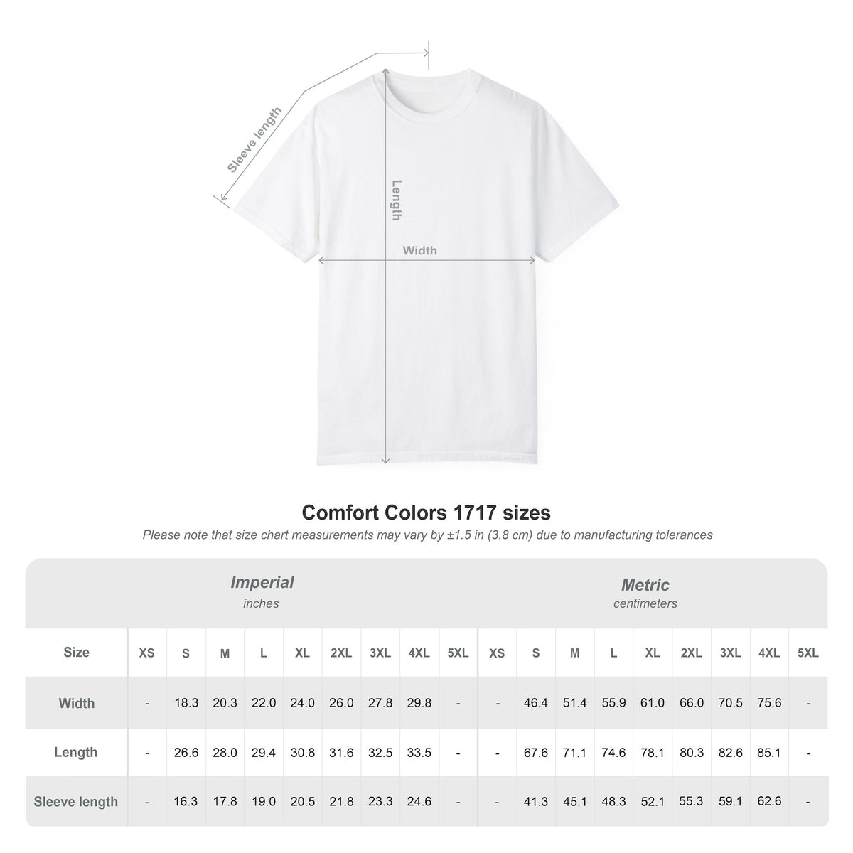 Comfort Colors 1717 T-shirt S–4XL garment size chart in inches