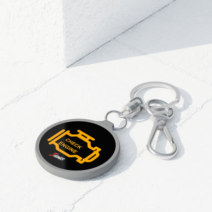 Check Engine Keyring, round black printed tag with metal keyring, product view 3