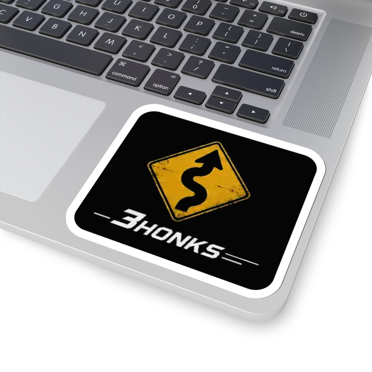 3Honks Twisty Roads Ahead vinyl sticker with a yellow winding-road sign and white trackline logo on black