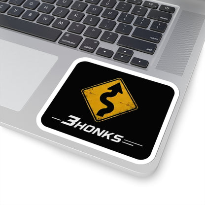 3Honks Twisty Roads Ahead vinyl sticker with a yellow winding-road sign and white trackline logo on black