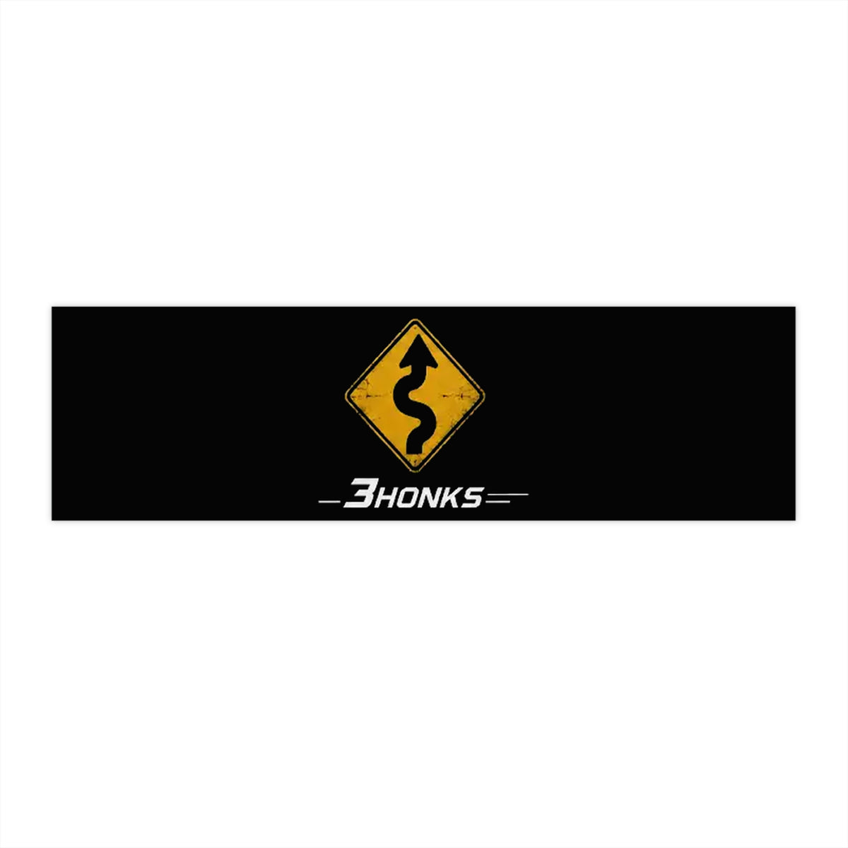 3Honks Twisty Roads Ahead outdoor decal with a yellow winding-road sign and white trackline logo on a dark background