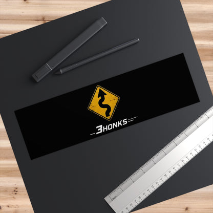 3Honks Twisty Roads Ahead outdoor decal with a yellow winding-road sign and white trackline logo on a dark background