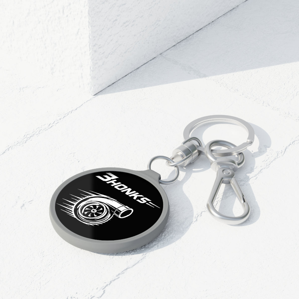 3Honks Turbo Keyring, round black printed tag with metal keyring, product view 3