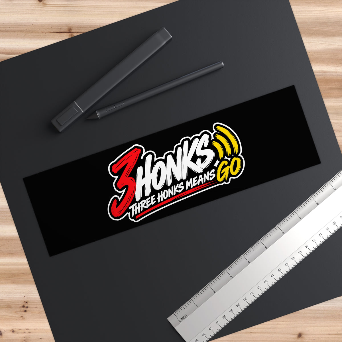 Three Honks Means Go outdoor decal with red, white, and yellow 3Honks artwork on black