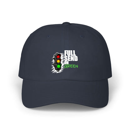 Full Send on Green Hat, Navy cotton dad cap, front graphic
