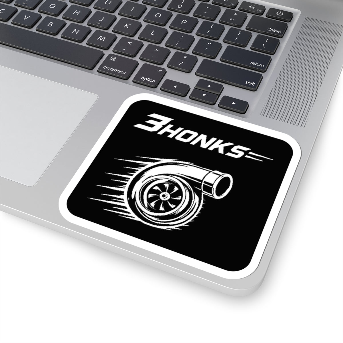 3Honks Turbo vinyl sticker with a white turbocharger illustration and trackline logo on black