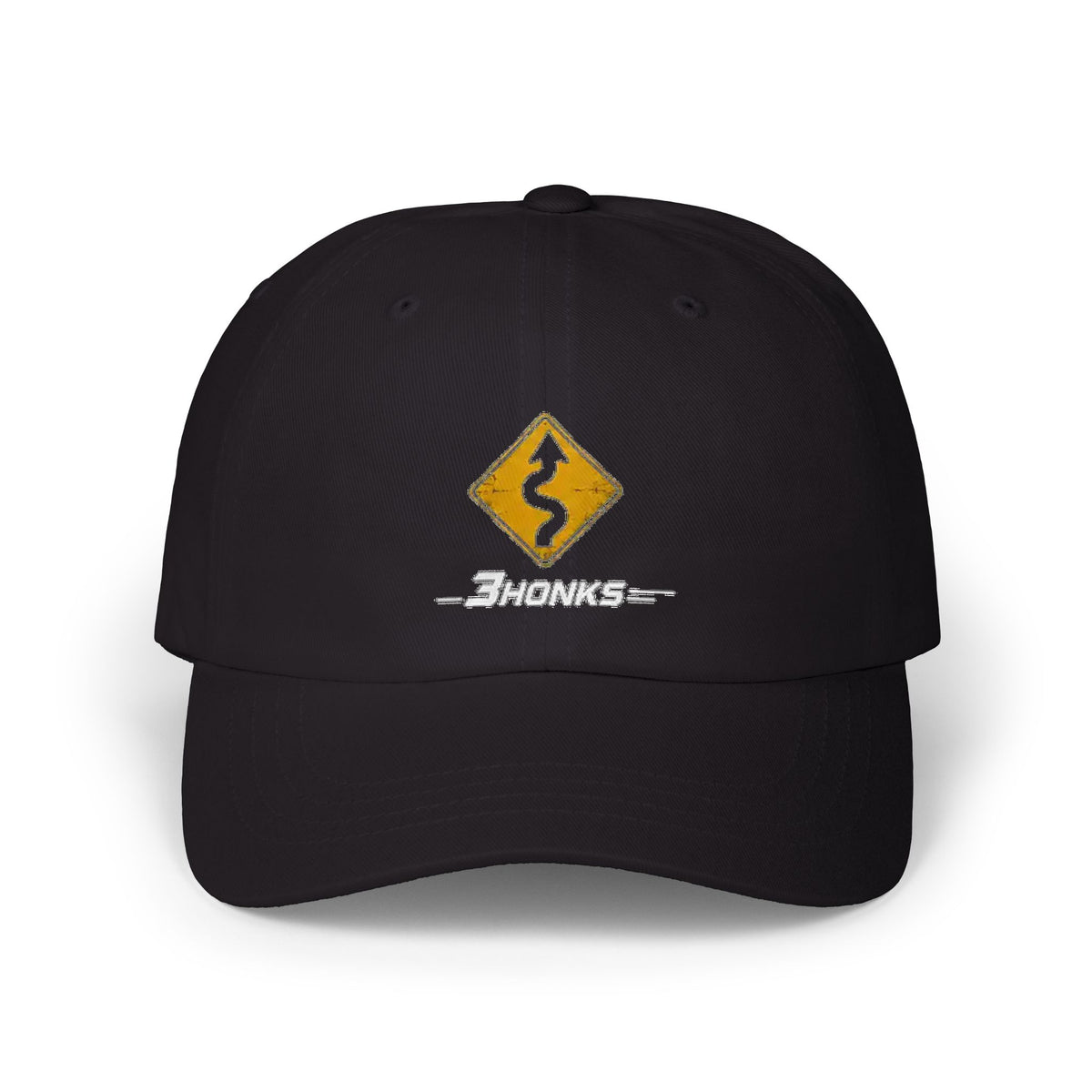 Twisty Roads Ahead Hat, Black cotton dad cap, front graphic