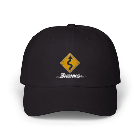 Twisty Roads Ahead Hat, Black cotton dad cap, front graphic