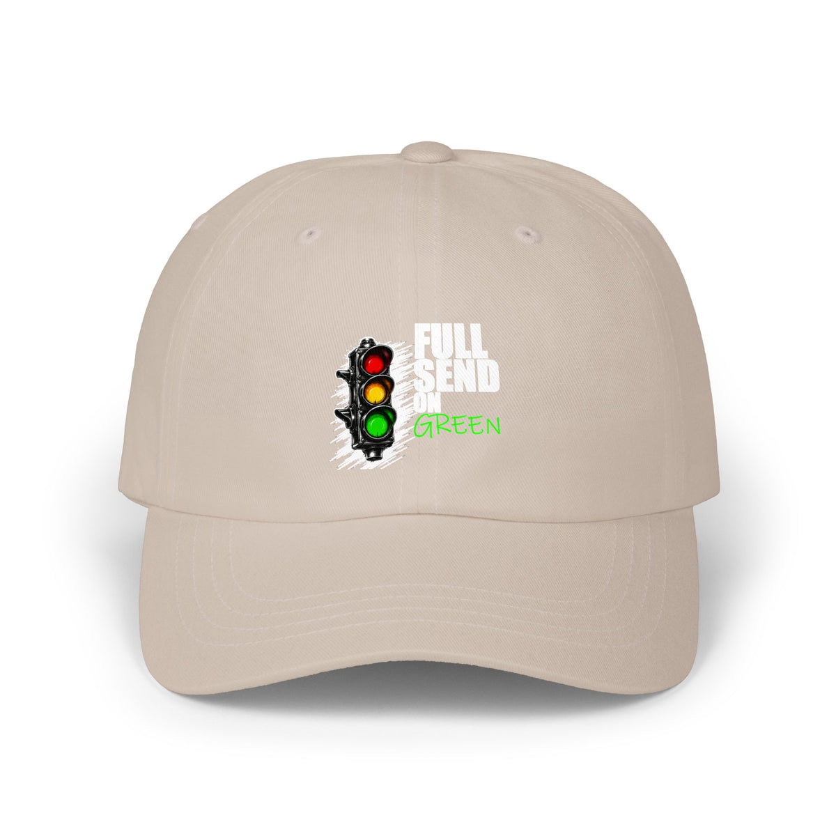 Full Send on Green Hat, Stone cotton dad cap, front graphic