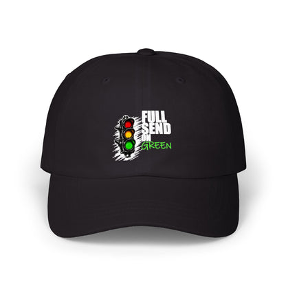 Full Send on Green Hat, Black cotton dad cap, front graphic