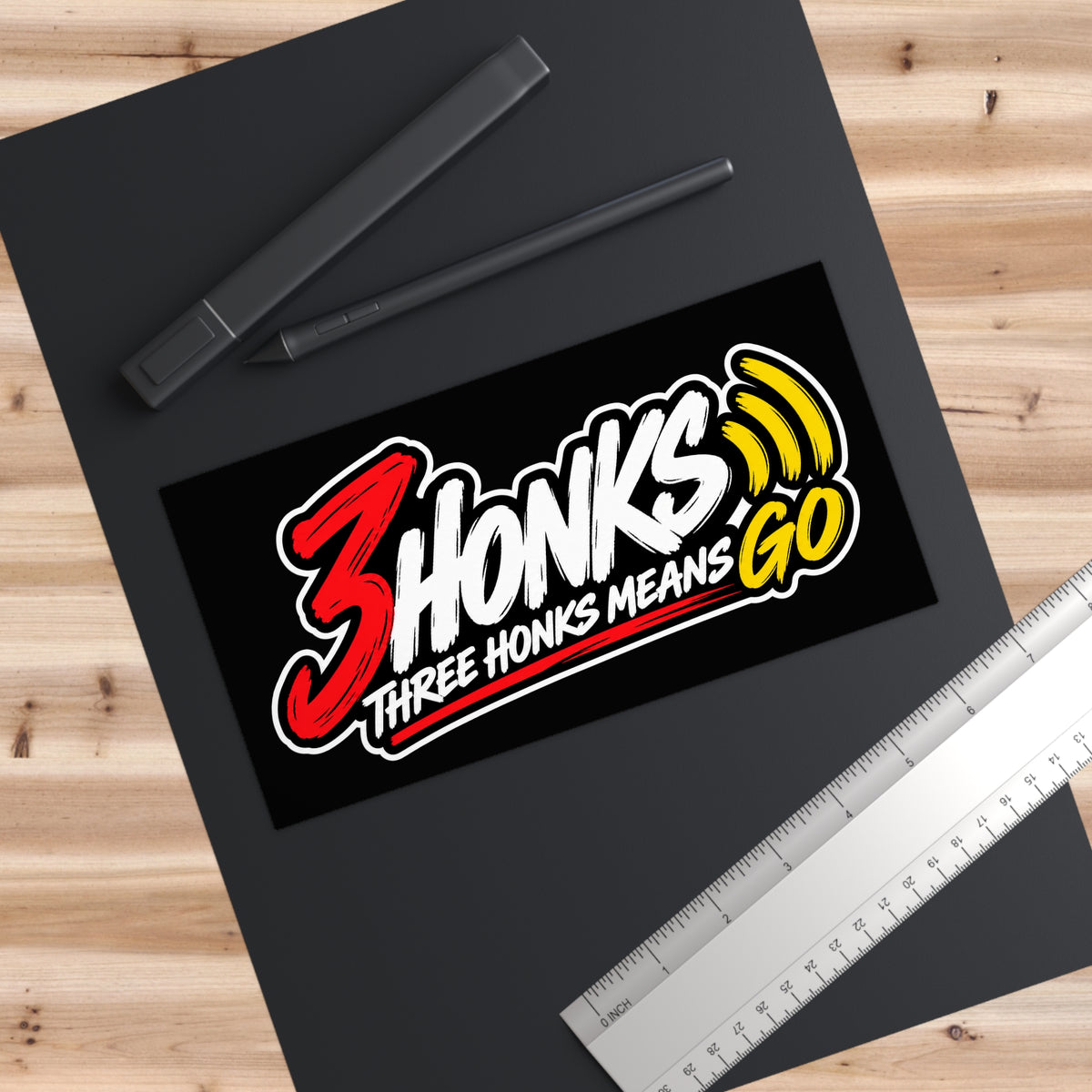 Three Honks Means Go outdoor decal with red, white, and yellow 3Honks artwork on black