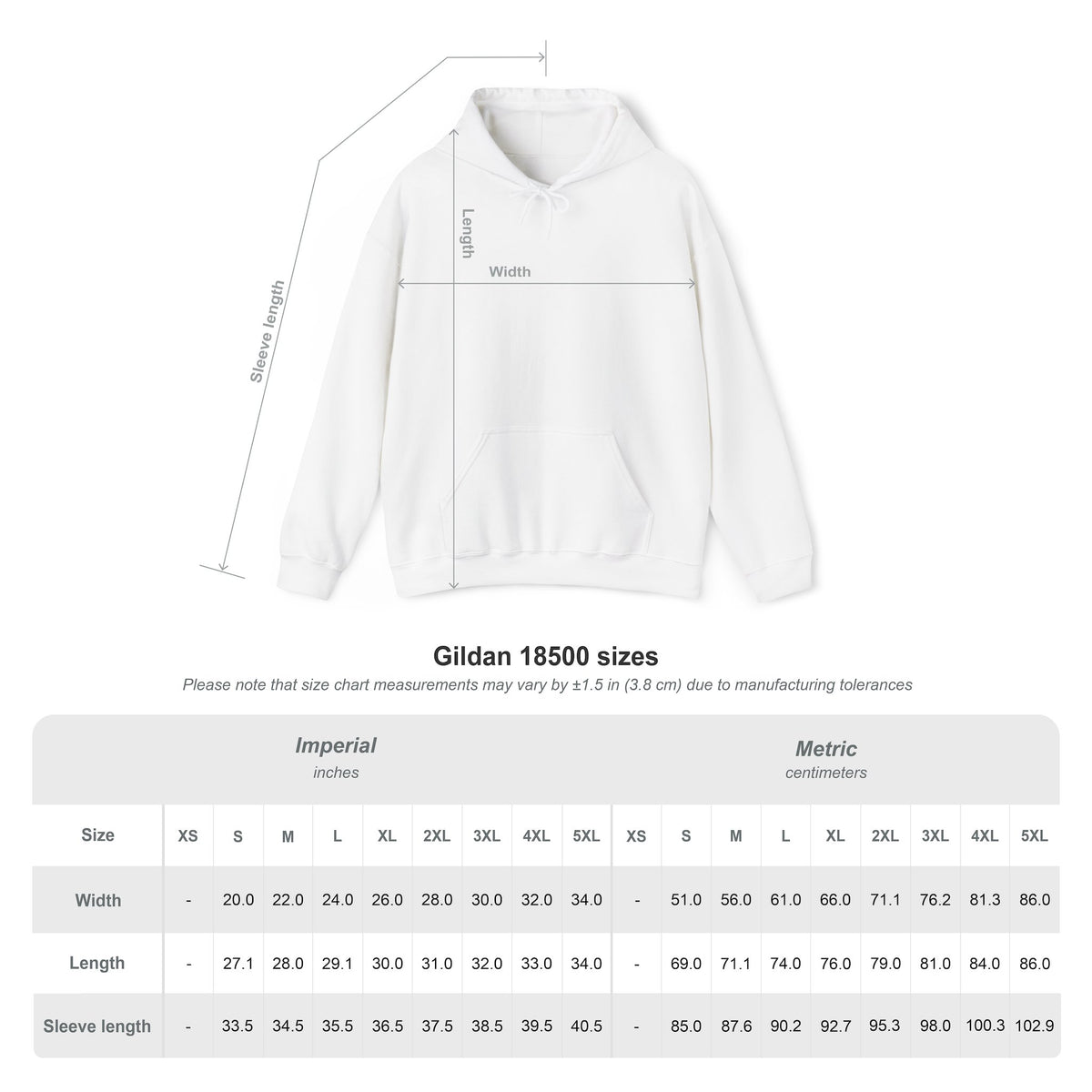 Gildan 18500 hoodie S–5XL garment size chart in inches