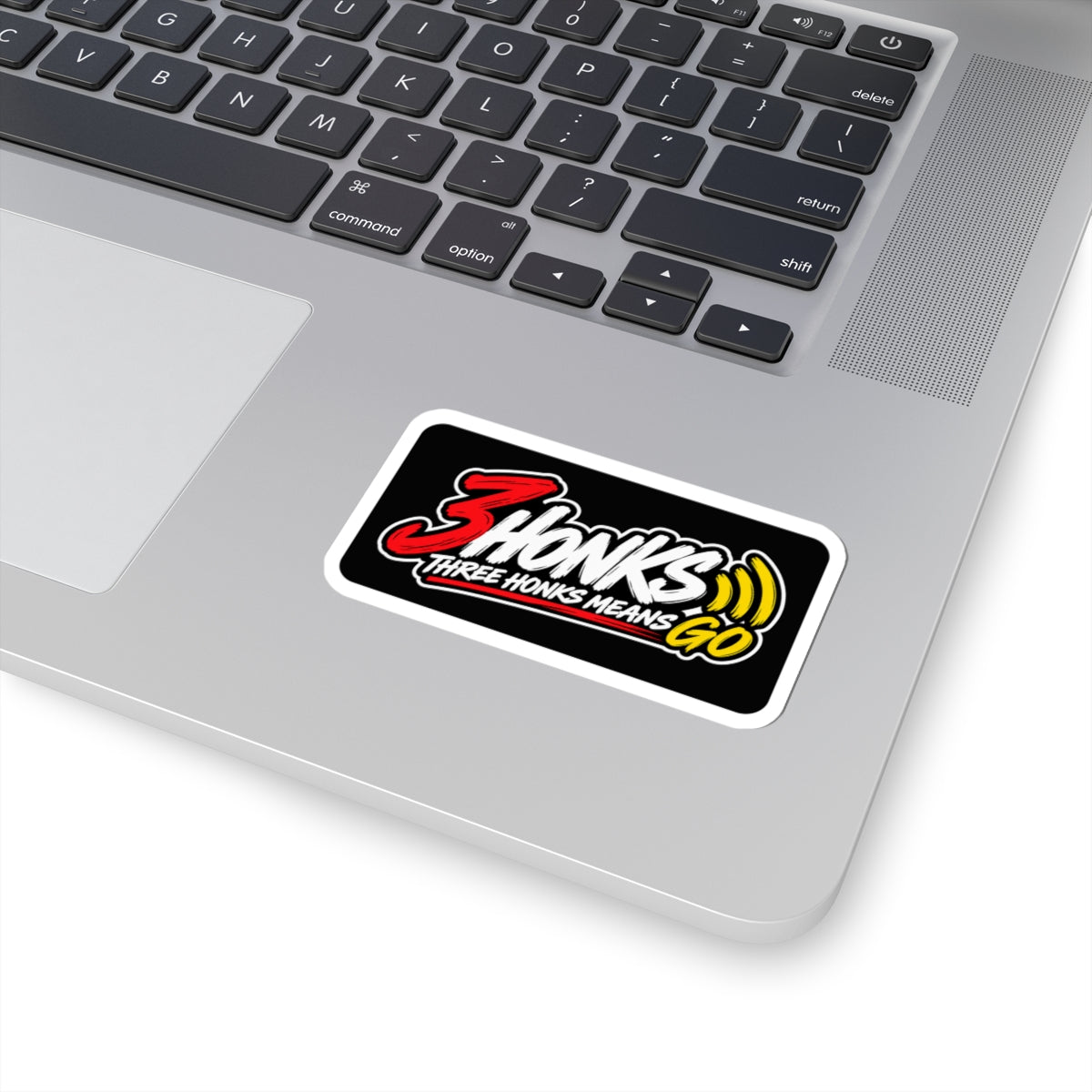 Three Honks Means Go vinyl sticker with red, white, and yellow artwork on black