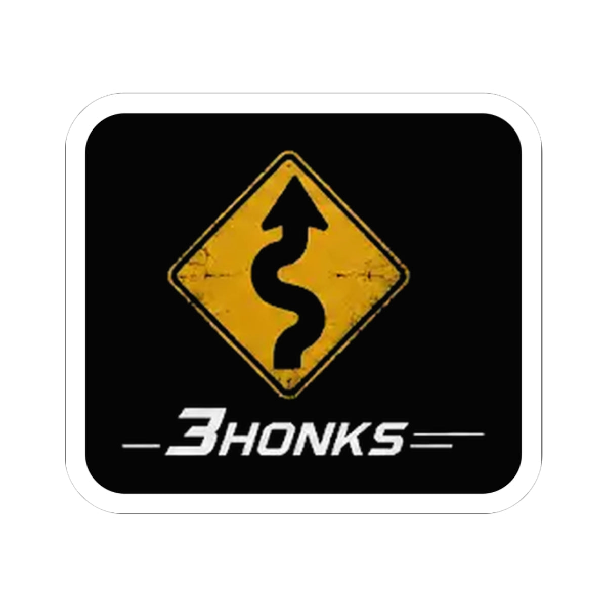 3Honks Twisty Roads Ahead vinyl sticker with a yellow winding-road sign and white trackline logo on black