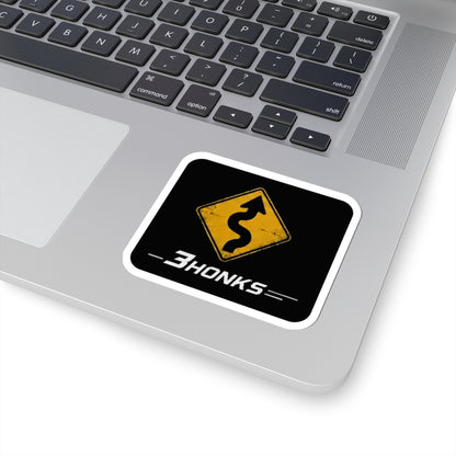 3Honks Twisty Roads Ahead vinyl sticker with a yellow winding-road sign and white trackline logo on black