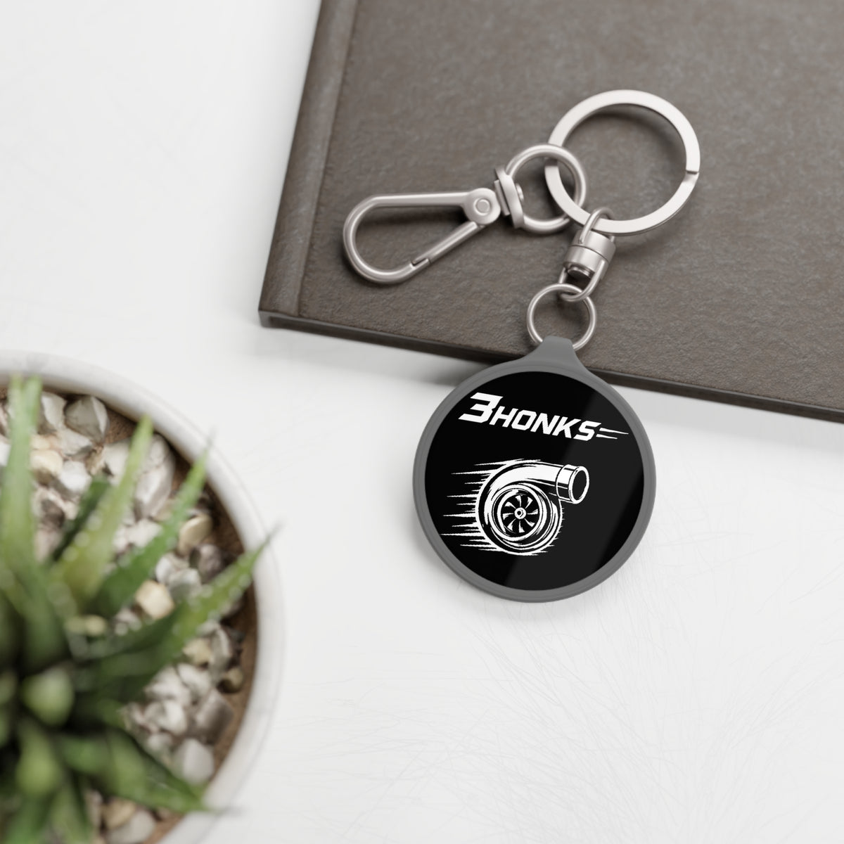 3Honks Turbo Keyring, round black printed tag with metal keyring, product view 4