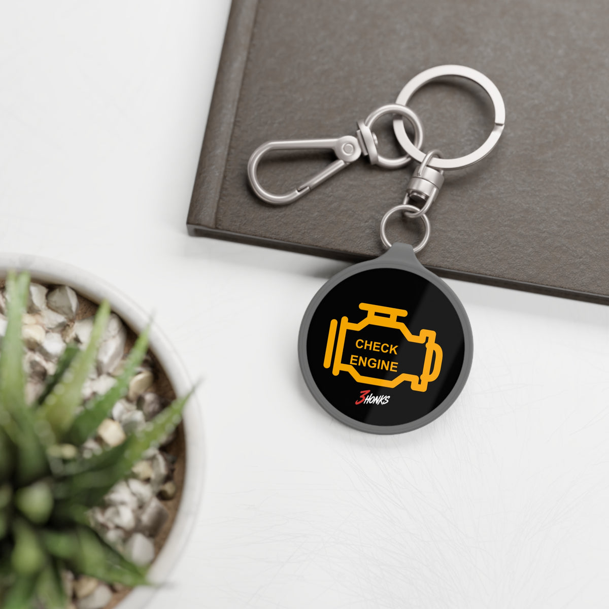 Check Engine Keyring, round black printed tag with metal keyring, product view 4
