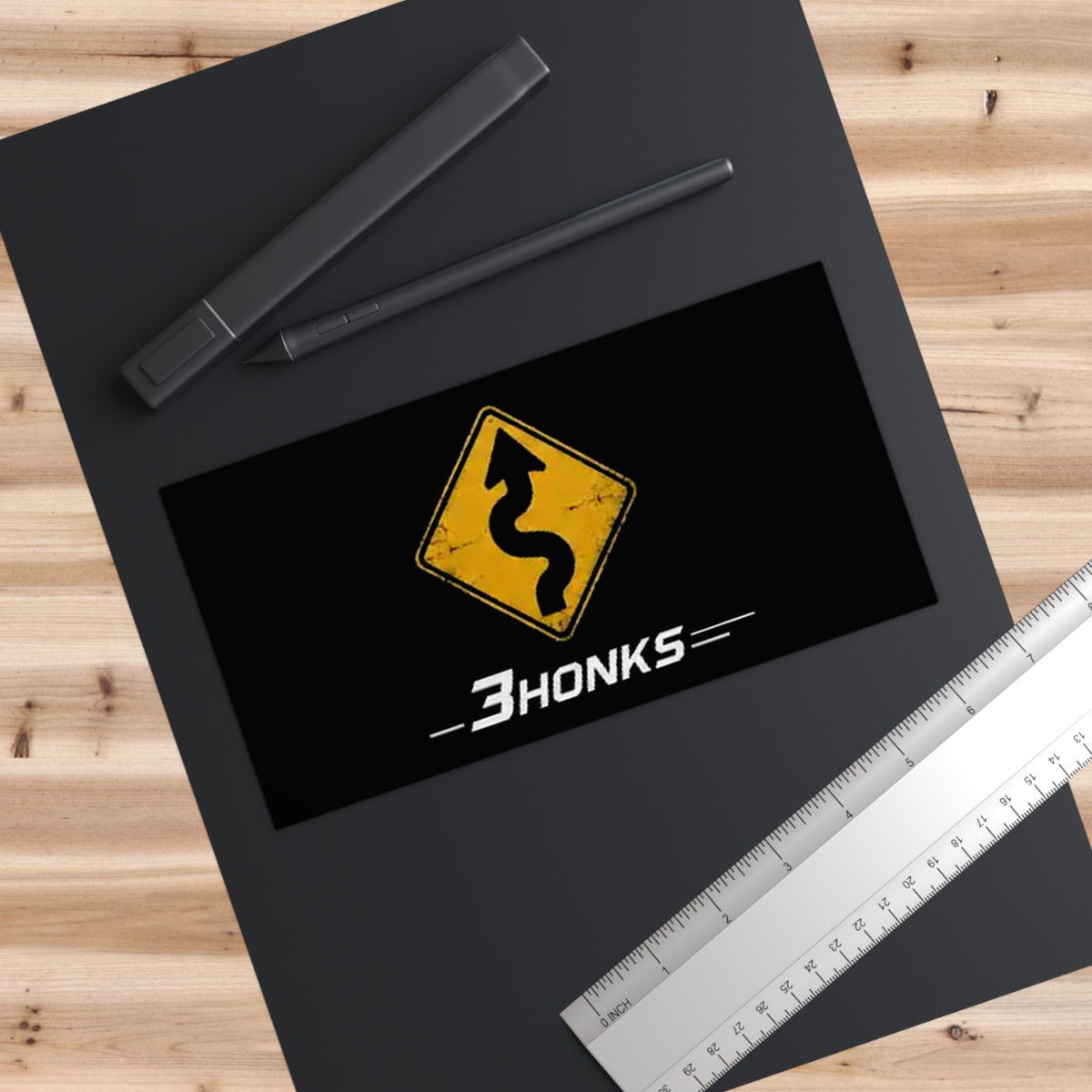 3Honks Twisty Roads Ahead outdoor decal with a yellow winding-road sign and white trackline logo on a dark background