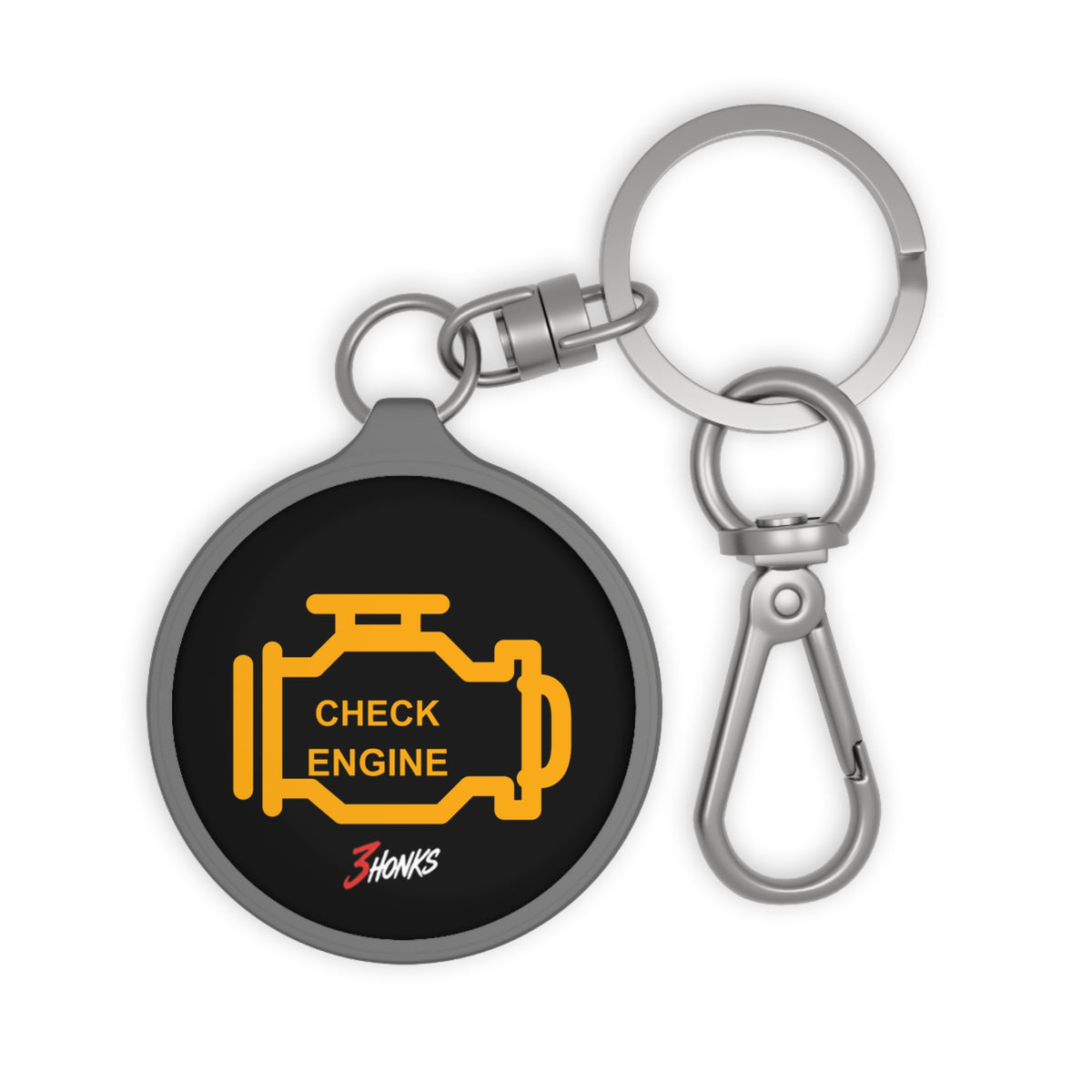 Check Engine Keyring, round black printed tag with metal keyring, product view 1