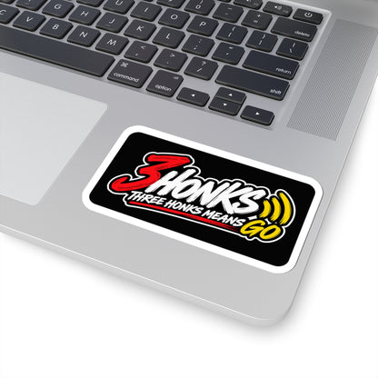 Three Honks Means Go vinyl sticker with red, white, and yellow artwork on black