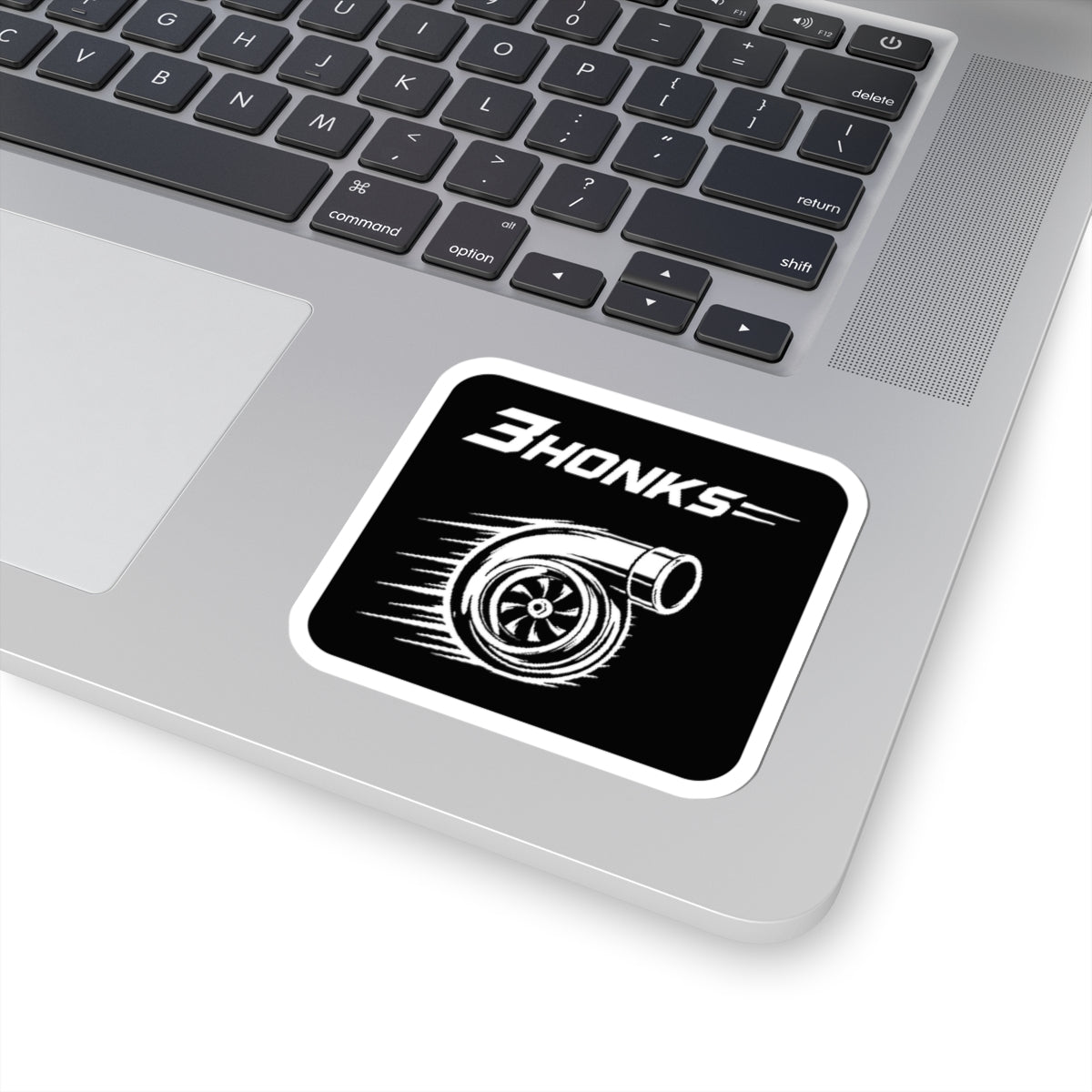 3Honks Turbo vinyl sticker with a white turbocharger illustration and trackline logo on black
