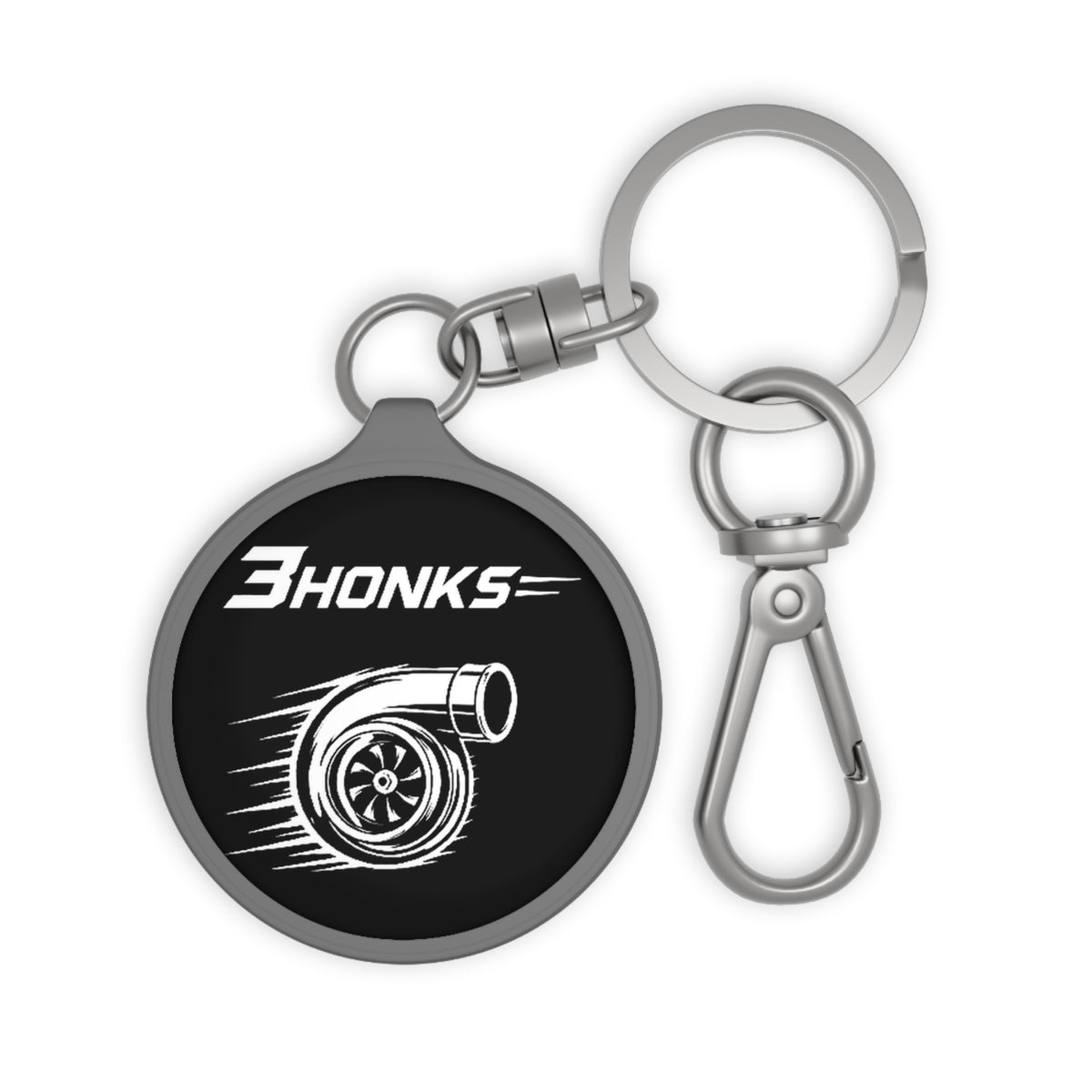 3Honks Turbo Keyring, round black printed tag with metal keyring, product view 1