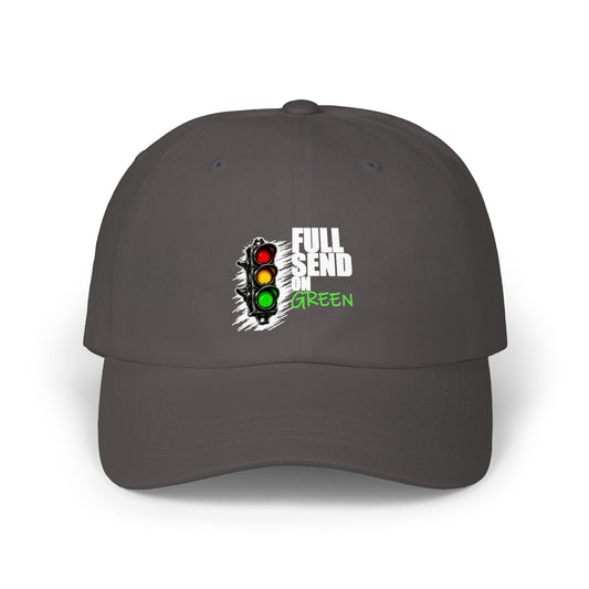 Full Send on Green Hat, Dark Grey cotton dad cap, front graphic