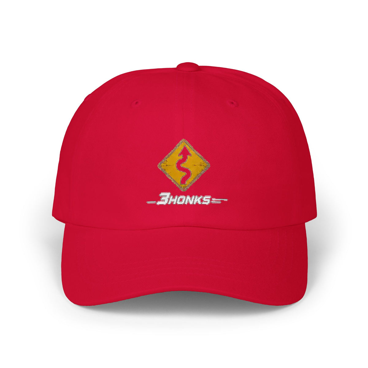 Twisty Roads Ahead Hat, Cranberry cotton dad cap, front graphic