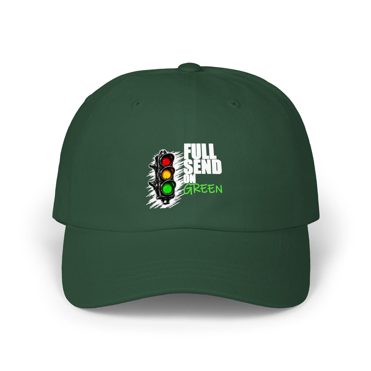 Full Send on Green Hat, Spruce cotton dad cap, front graphic