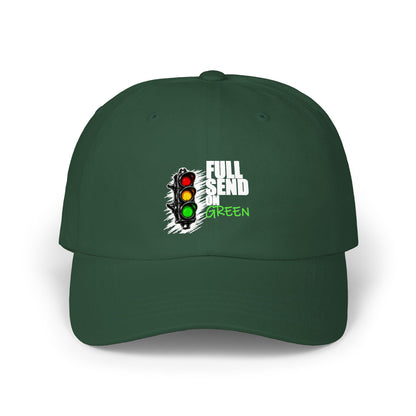 Full Send on Green Hat, Spruce cotton dad cap, front graphic