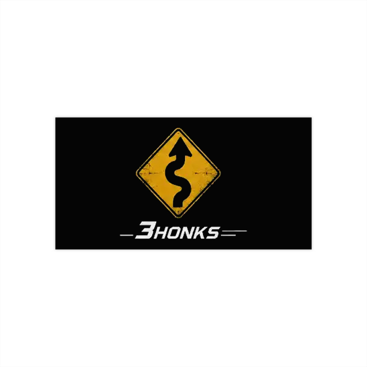 3Honks Twisty Roads Ahead outdoor decal with a yellow winding-road sign and white trackline logo on a dark background