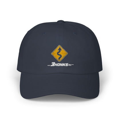 Twisty Roads Ahead Hat, Navy cotton dad cap, front graphic
